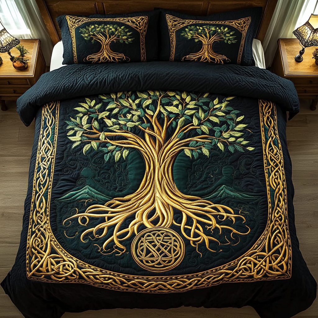 Eternal Roots quilted 3-piece bedding set on a made bed with two matching pillow shams