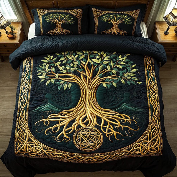Eternal Roots quilted 3-piece bedding set on a made bed with two matching pillow shams