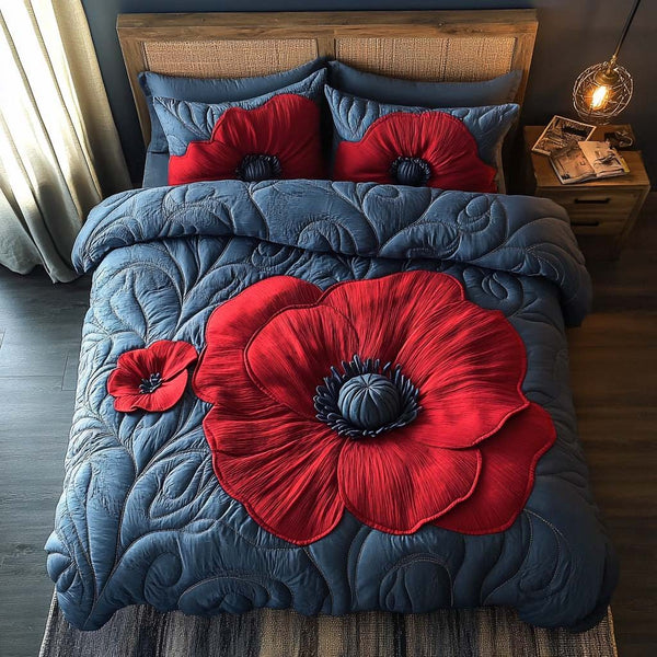 Eternal Scarlet quilted 3-piece bedding set on a made bed with two matching pillow shams