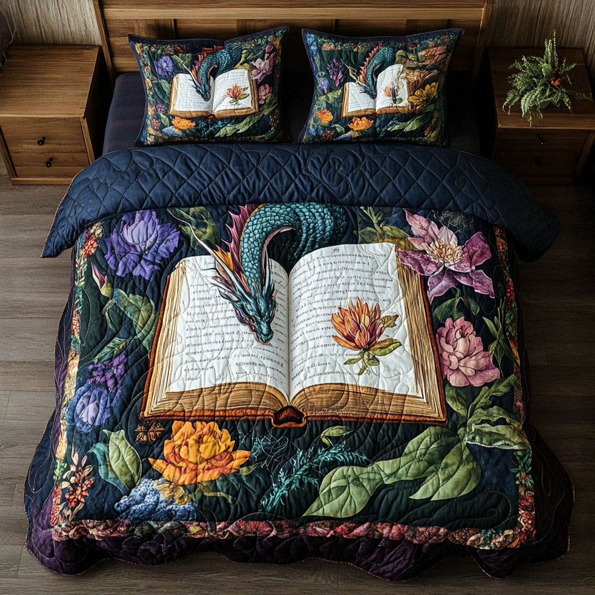 Eternal Scribe quilted 3-piece bedding set on a made bed with two matching pillow shams