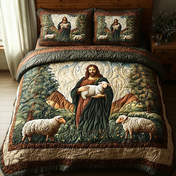 Eternal Shepherd quilted 3-piece bedding set on a made bed with two matching pillow shams