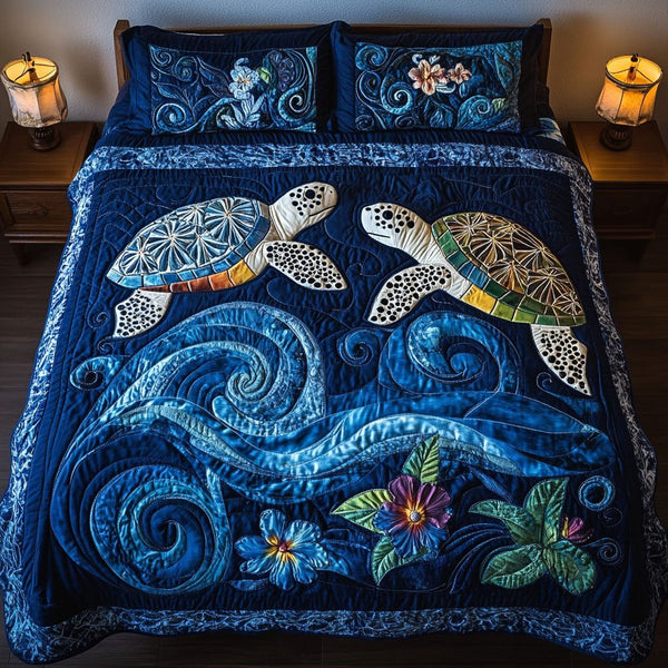 Eternal Shoreline quilted 3-piece bedding set on a made bed in a light coastal bedroom