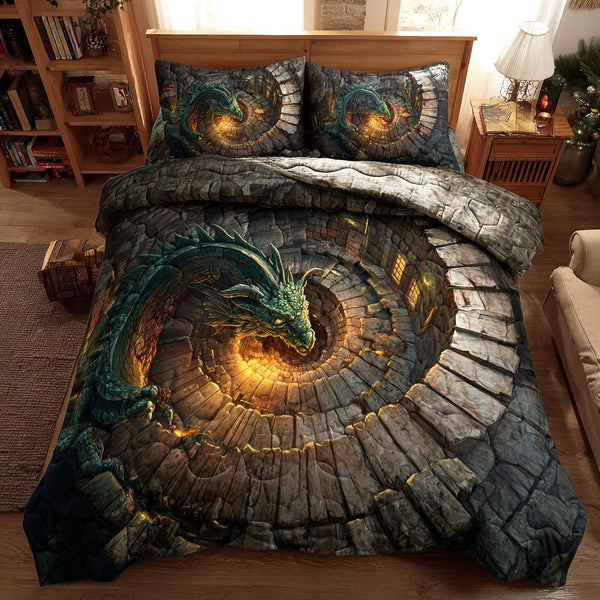 Eternal Spiral quilted 3-piece bedding set on a made bed with two matching pillow shams