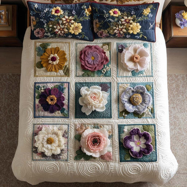 Eternal Spring quilted 3-piece bedding set on a made bed with two matching pillow shams