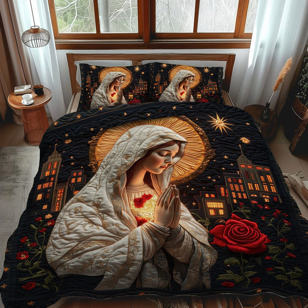 Eternal Starry Night quilted 3-piece bedding set on a made bed with two matching pillow shams