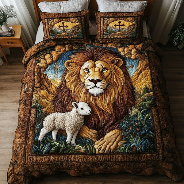 Eternal Strength quilted 3-piece bedding set on a made bed with two matching pillow shams