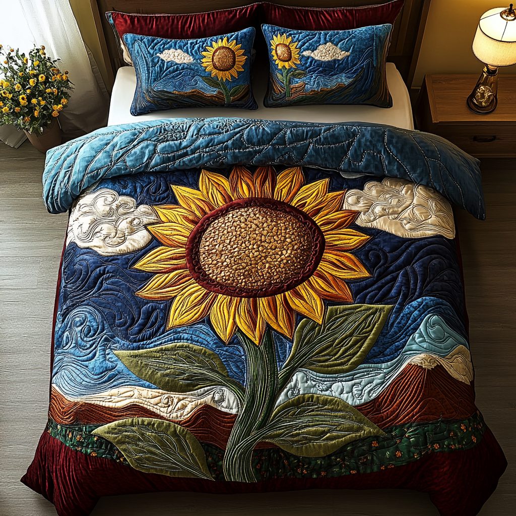 Eternal Sunshine quilted 3-piece bedding set on a made bed with two matching pillow shams