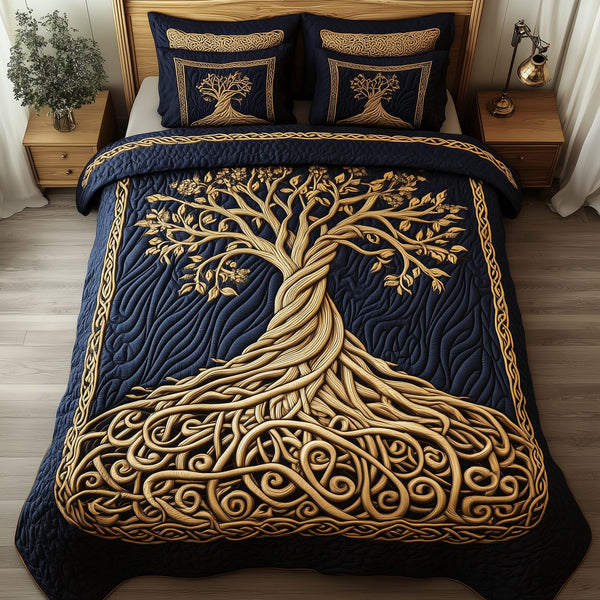 Eternal Tree Of Life quilted 3-piece bedding set on a made bed with two matching pillow shams