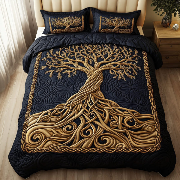 Eternal Tree Of Life quilted 3-piece bedding set on a made bed with two matching pillow shams