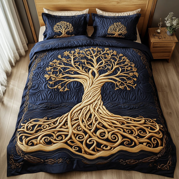 Eternal Tree Of Life quilted 3-piece bedding set on a made bed with two matching pillow shams