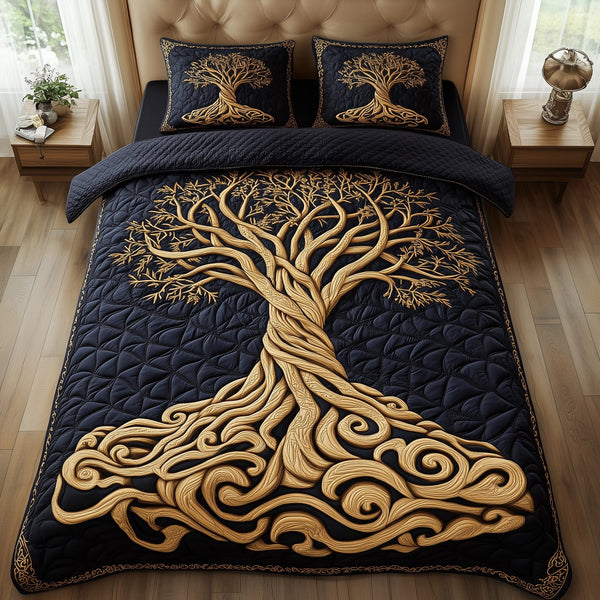 Eternal Tree Of Life quilted 3-piece bedding set on a made bed with two matching pillow shams