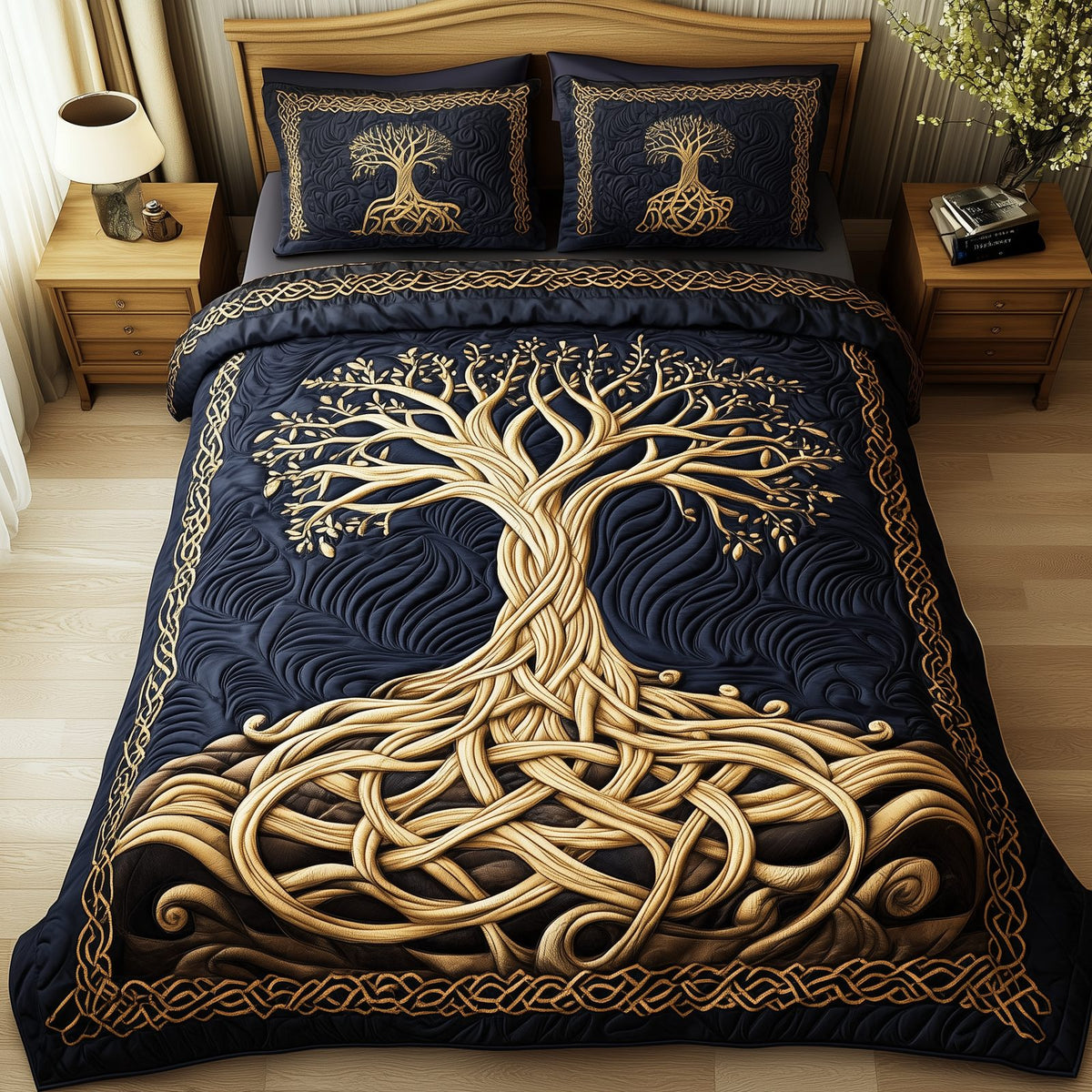 Eternal Tree Of Life quilted 3-piece bedding set on a made bed with two matching pillow shams