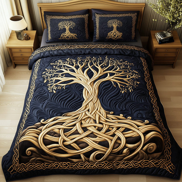 Eternal Tree Of Life quilted 3-piece bedding set on a made bed with two matching pillow shams