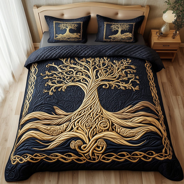 Eternal Tree Of Life quilted 3-piece bedding set on a made bed with two matching pillow shams