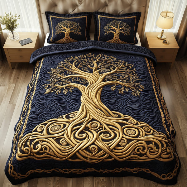 Eternal Tree Of Life quilted 3-piece bedding set on a made bed with two matching pillow shams