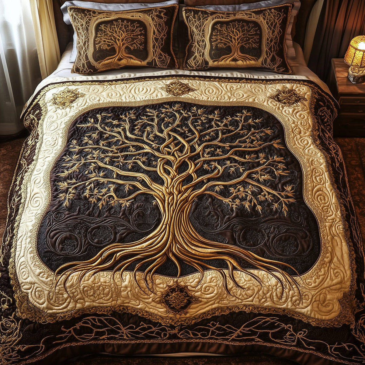 Eternal Tree Of Life quilted 3-piece bedding set on a made bed with two matching pillow shams