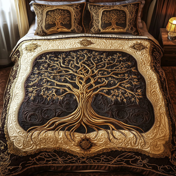 Eternal Tree Of Life quilted 3-piece bedding set on a made bed with two matching pillow shams