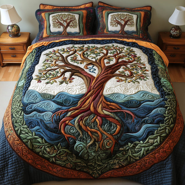 Eternal Tree Of Life quilted 3-piece bedding set on a made bed with two matching pillow shams