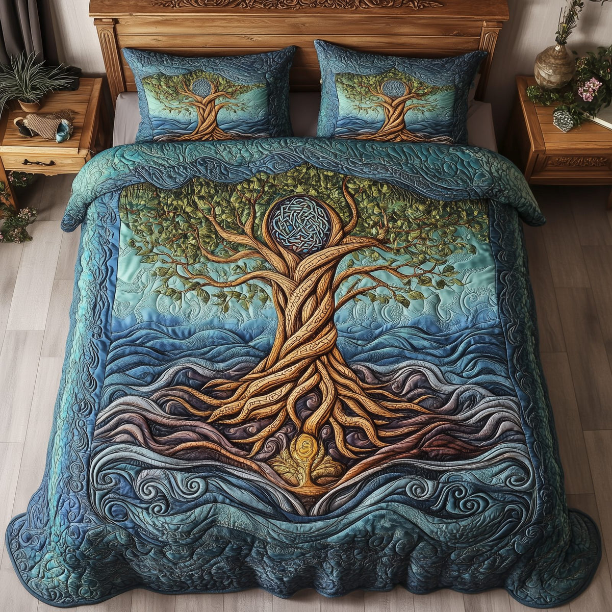 Eternal Tree Of Life quilted 3-piece bedding set on a made bed with two matching pillow shams
