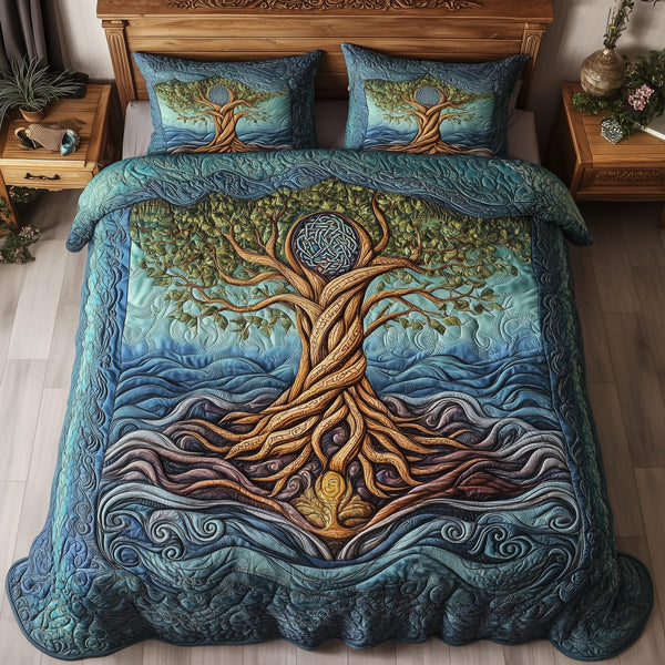 Eternal Tree Of Life quilted 3-piece bedding set on a made bed with two matching pillow shams