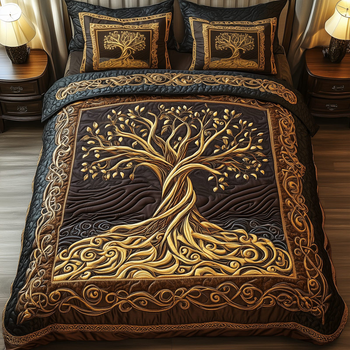 Eternal Tree Of Life quilted 3-piece bedding set on a made bed with two matching pillow shams