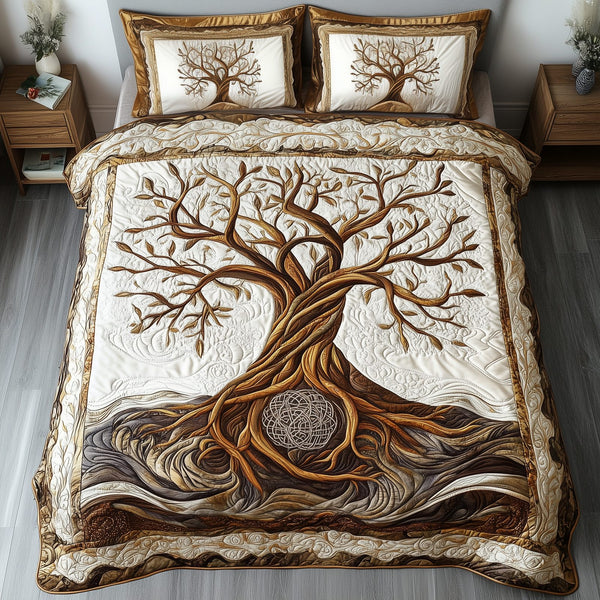Eternal Tree Of Life quilted 3-piece bedding set on a made bed with two matching pillow shams