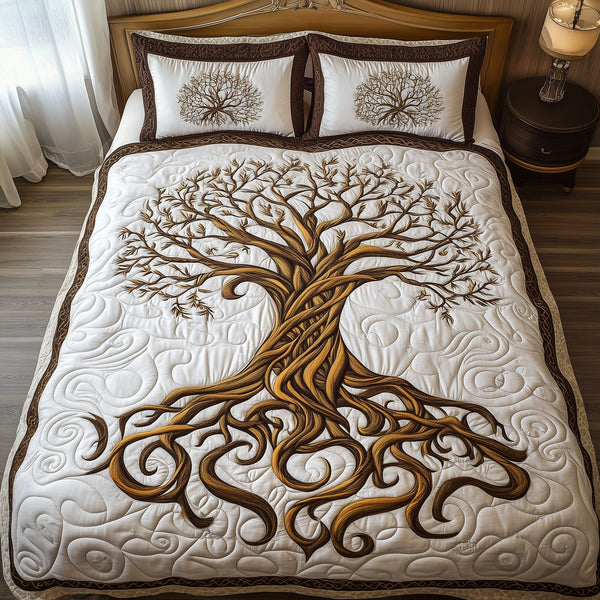 Eternal Tree Of Life quilted 3-piece bedding set on a made bed with two matching pillow shams