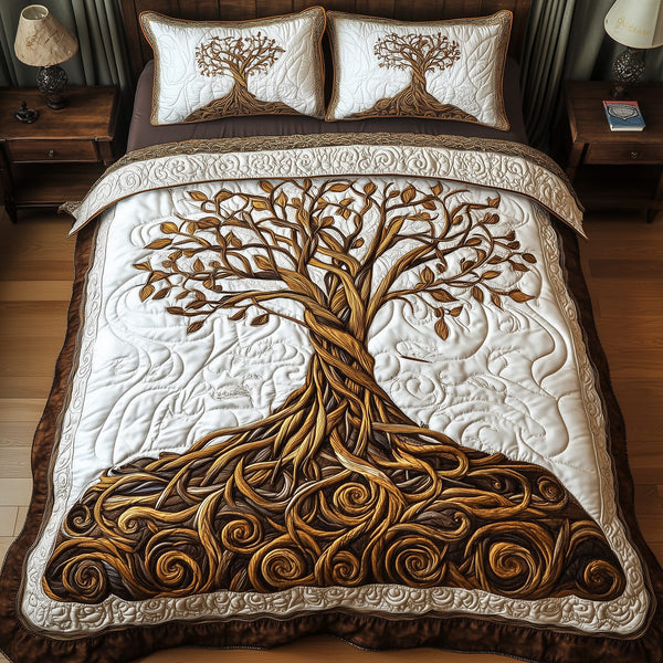 Eternal Tree Of Life quilted 3-piece bedding set on a made bed with two matching pillow shams