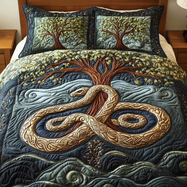 Eternal Tree Of Life quilted 3-piece bedding set on a made bed with two matching pillow shams