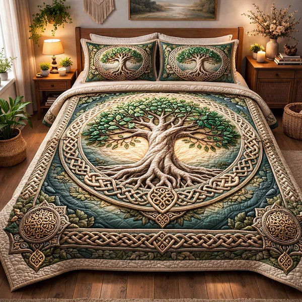 Eternal Tree quilted 3-piece bedding set on a made bed with two matching pillow shams