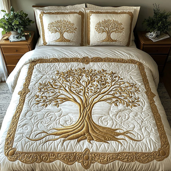 Eternal Tree quilted 3-piece bedding set on a made bed with two matching pillow shams