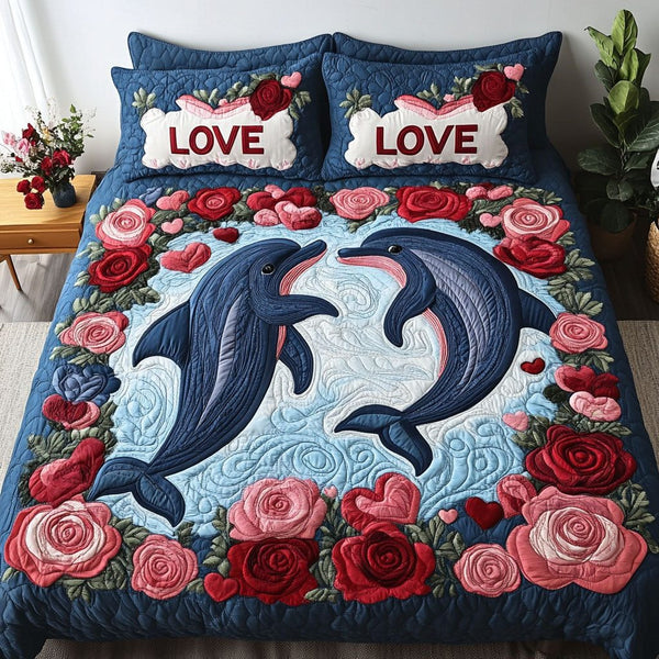 Eternal Waves quilted 3-piece bedding set on a made bed in a light coastal bedroom