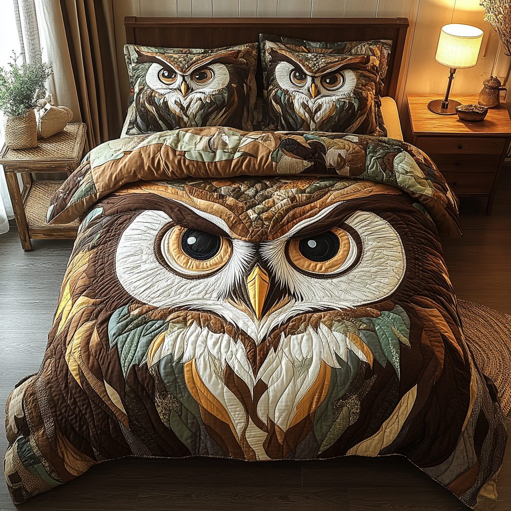 Eternal Wisdom quilted 3-piece bedding set on a made bed with two matching pillow shams