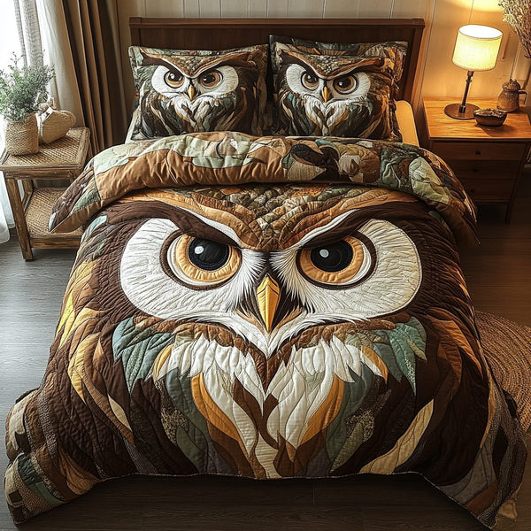 Eternal Wisdom quilted 3-piece bedding set on a made bed with two matching pillow shams