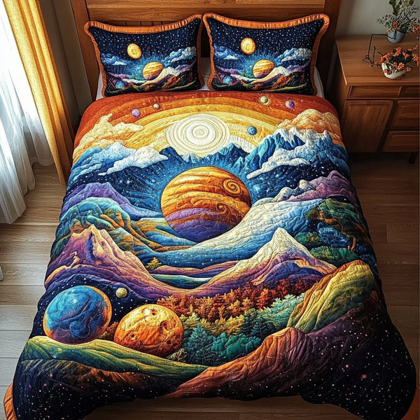 Ethereal Astronaut quilted 3-piece bedding set on a made bed with two matching pillow shams