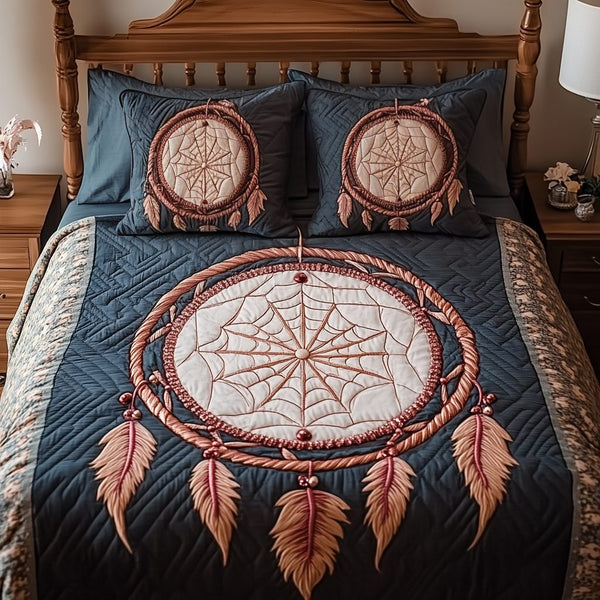Ethereal Catch quilted 3-piece bedding set on a made bed with two matching pillow shams