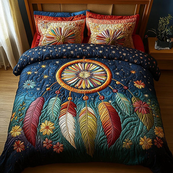 Ethereal Catcher quilted 3-piece bedding set on a made bed with two matching pillow shams