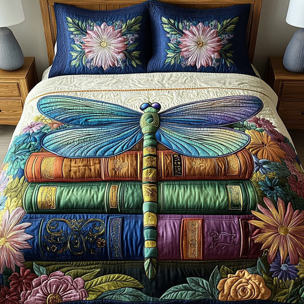 Ethereal Dragonfly Dreams quilted 3-piece bedding set on a made bed with two matching pillow shams
