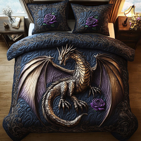 Ethereal Dragons quilted 3-piece bedding set on a made bed with two matching pillow shams