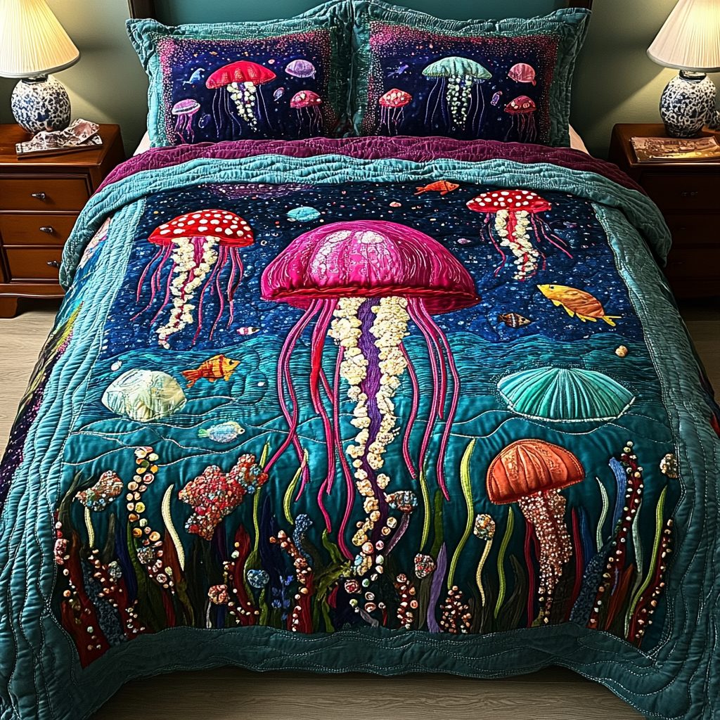 Ethereal Drift quilted 3-piece bedding set on a made bed with two matching pillow shams