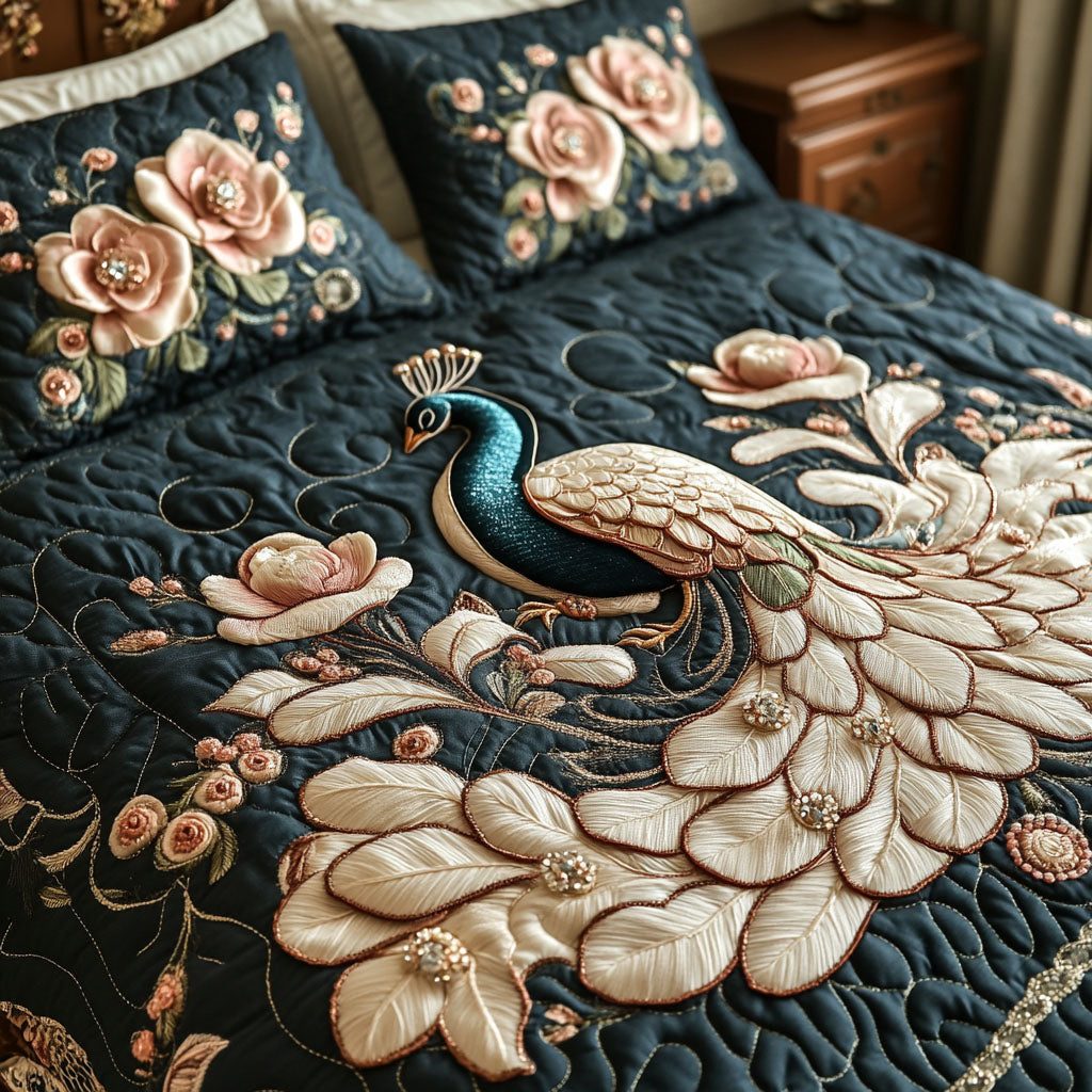Ethereal Elegance quilted 3-piece bedding set on a made bed with two matching pillow shams