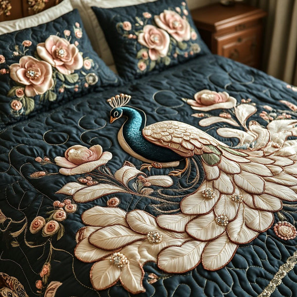 Ethereal Elegance quilted 3-piece bedding set on a made bed with two matching pillow shams