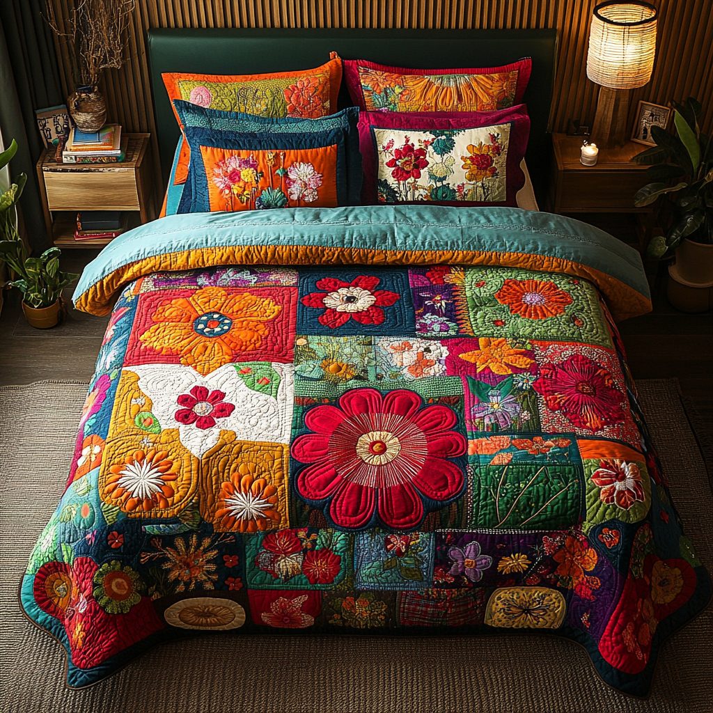 Ethereal Escape quilted 3-piece bedding set on a made bed with two matching pillow shams