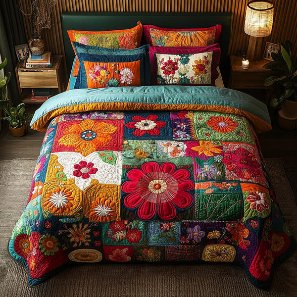 Ethereal Escape quilted 3-piece bedding set on a made bed with two matching pillow shams