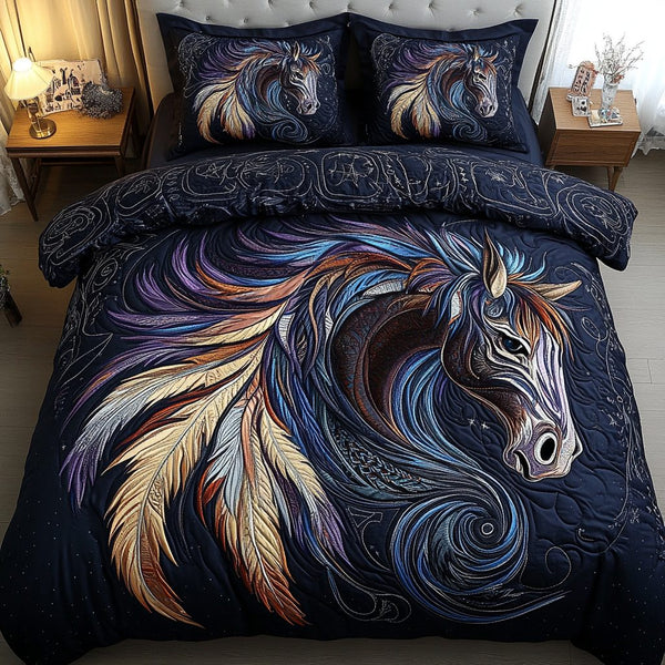 Ethereal Feathers quilted 3-piece bedding set on a made bed with two matching pillow shams