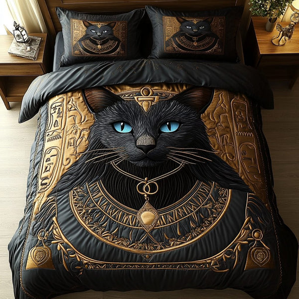 Ethereal Feline quilted 3-piece bedding set on a made bed with two matching pillow shams