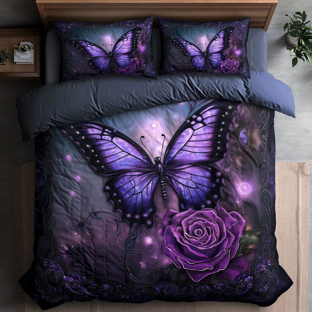 Ethereal Flight quilted 3-piece bedding set on a made bed with two matching pillow shams