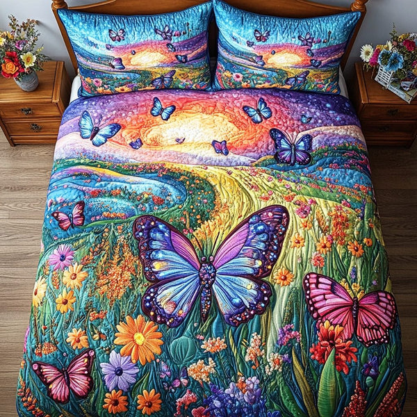 Ethereal Flight quilted 3-piece bedding set on a made bed with two matching pillow shams