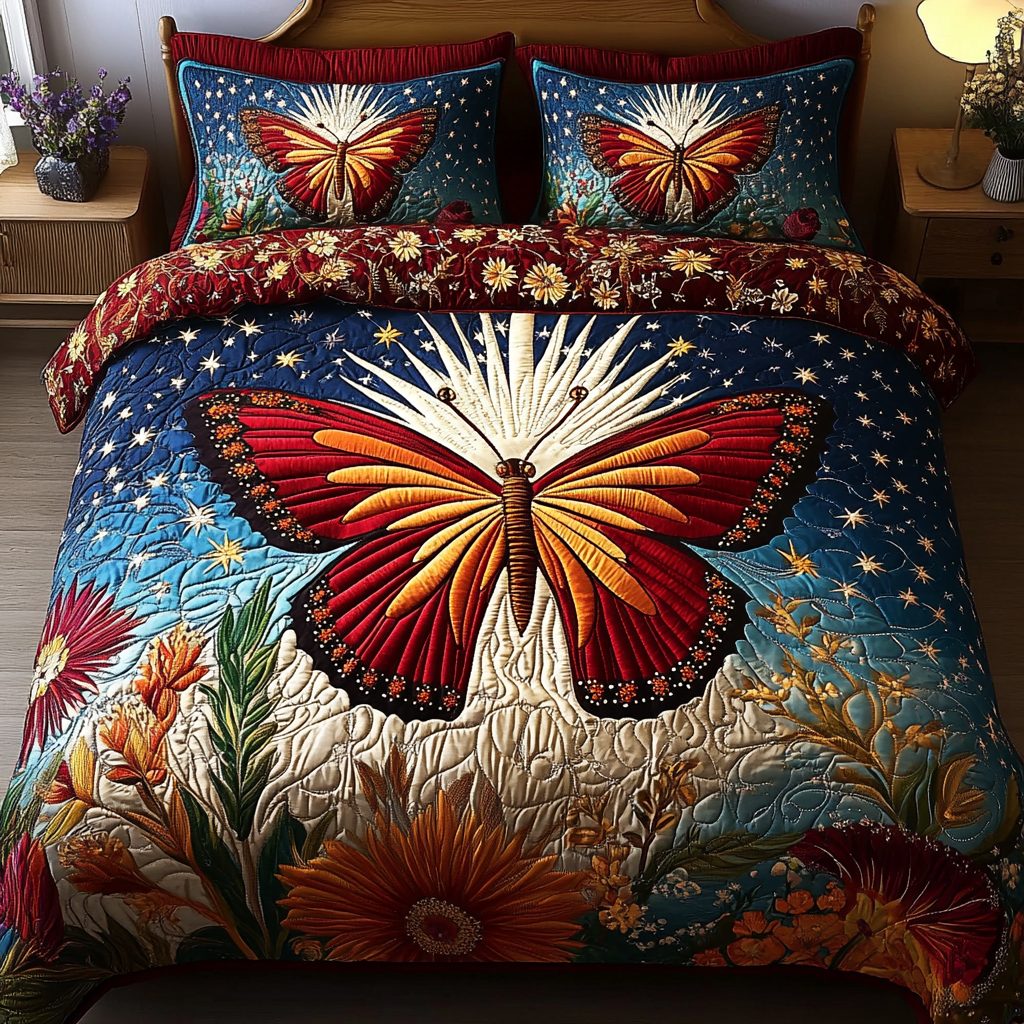 Ethereal Flutter quilted 3-piece bedding set on a made bed with two matching pillow shams