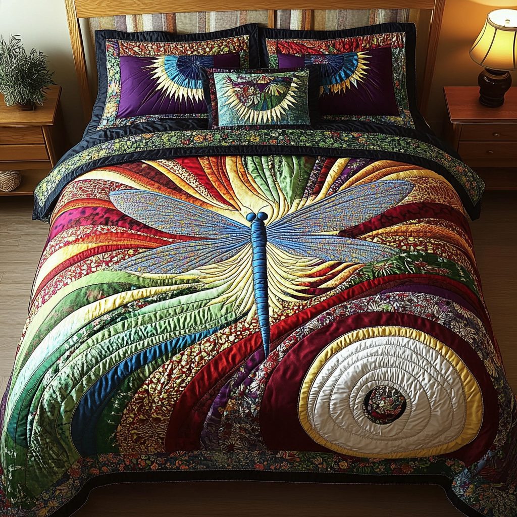 Ethereal Flutter quilted 3-piece bedding set on a made bed with two matching pillow shams